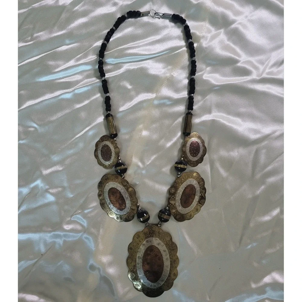 Vintage 60s 70s Brass Mixed Metal Beaded Necklace Funky‎ Large Boho Hippy